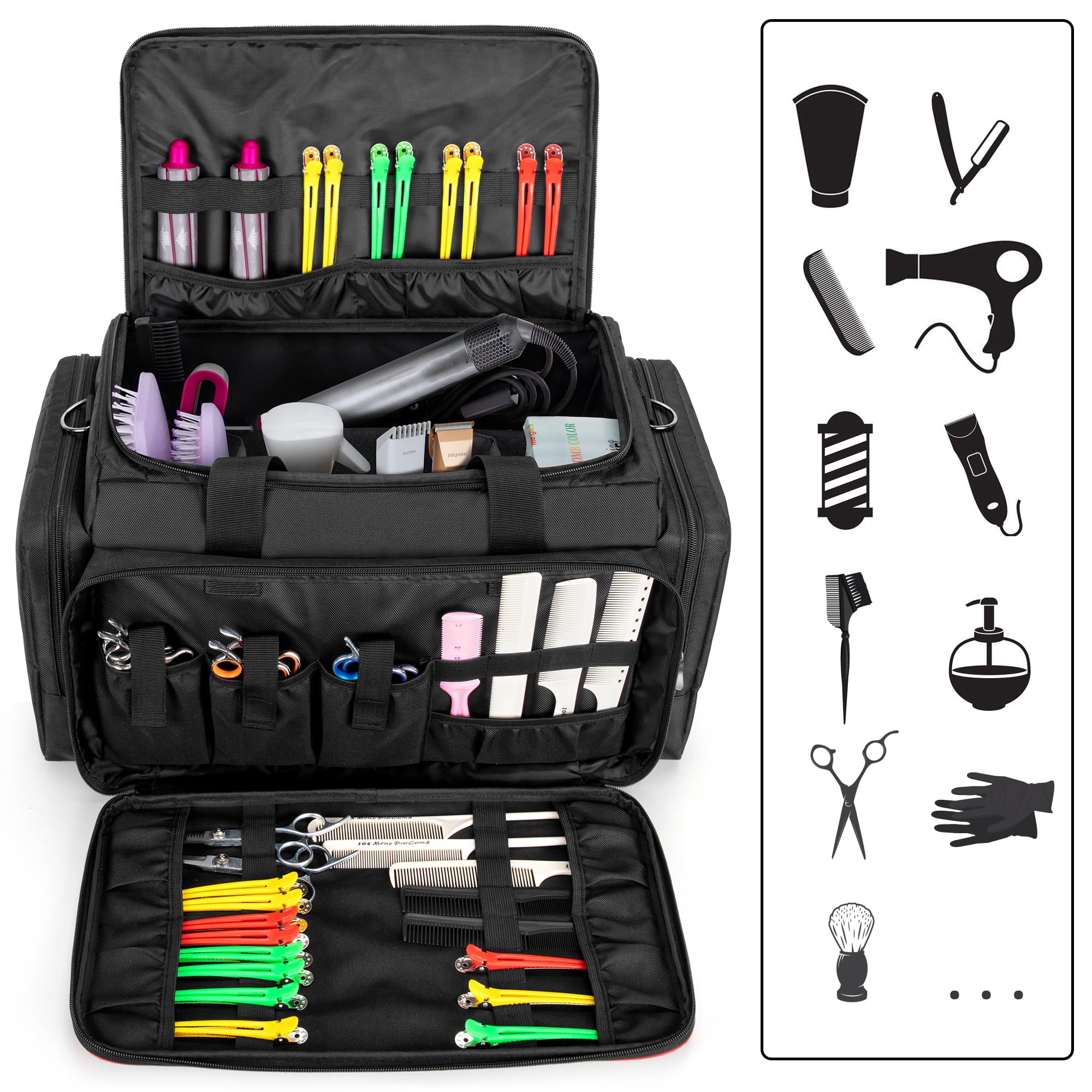 BAFASO hairdresser bag interior with adjustable dividers for large tools and secure loops.
