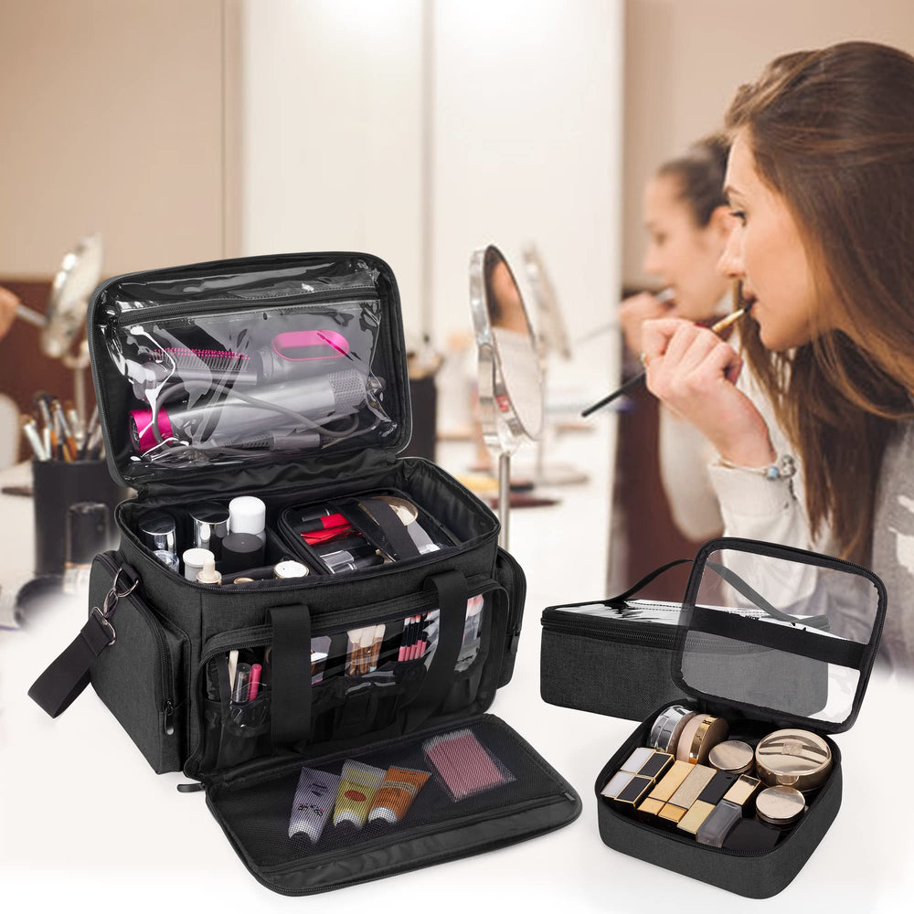 BAFASO large makeup bag back strap helps secure on a suitcase during travel