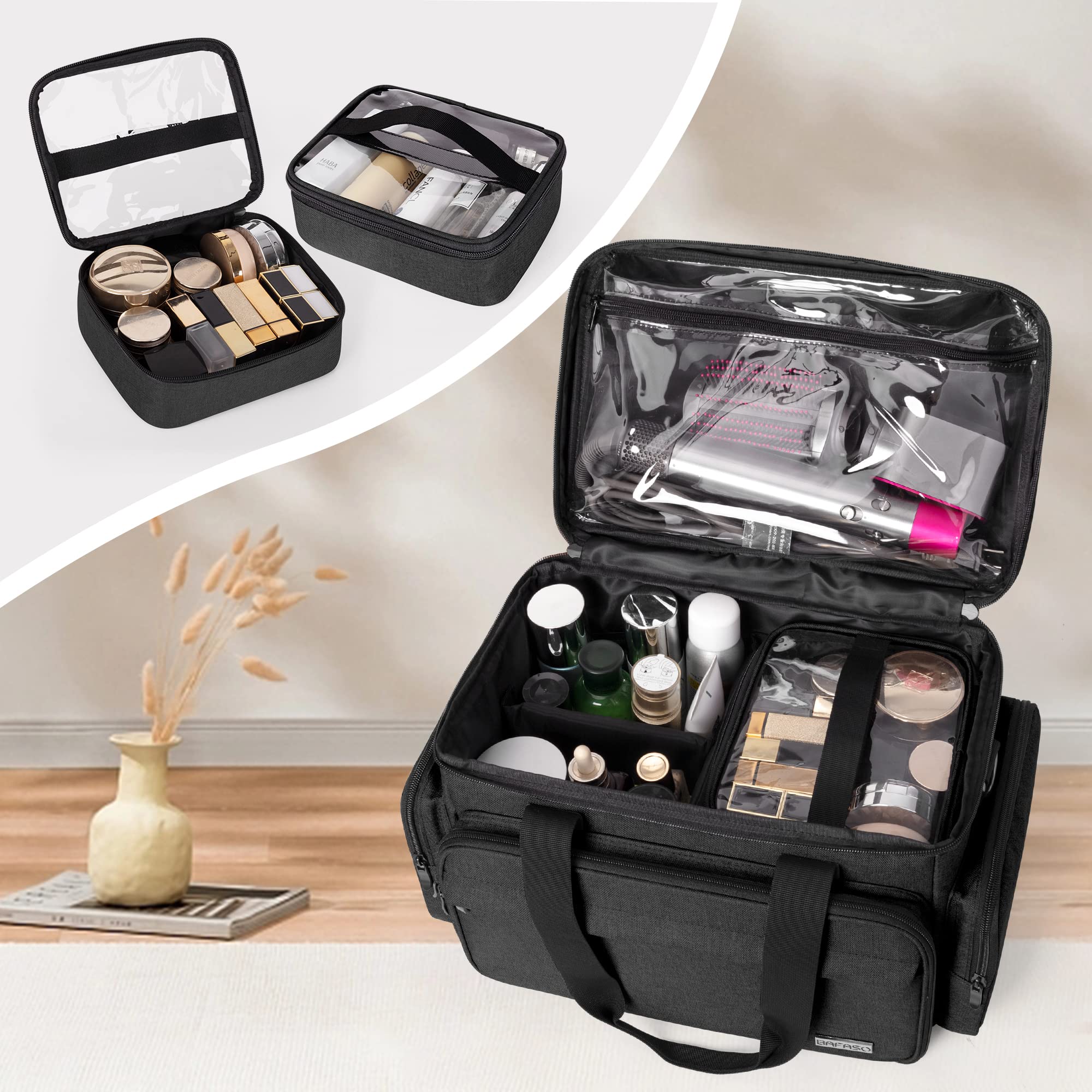 BAFASO large makeup bag removable pouches keep cosmetics separate and accessible