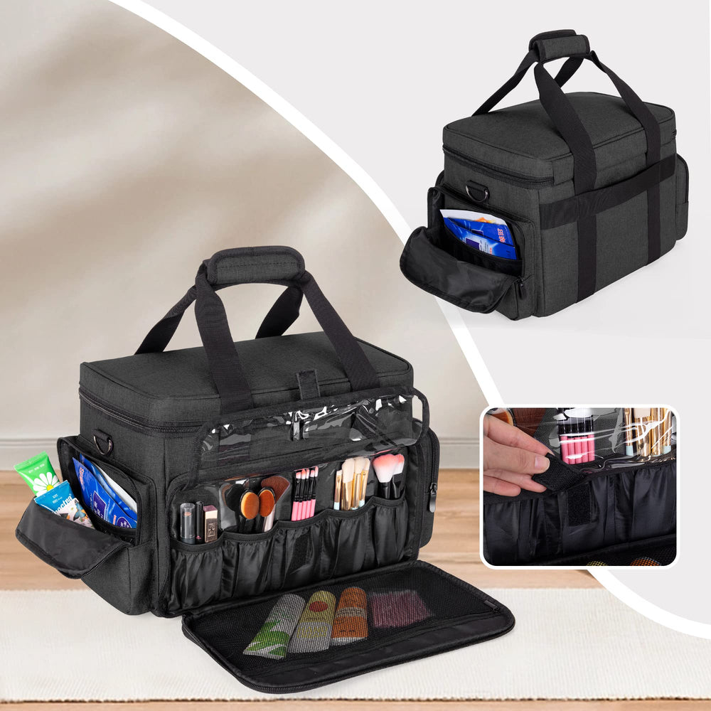 BAFASO large makeup bag top clear pocket fits hair products at a glance