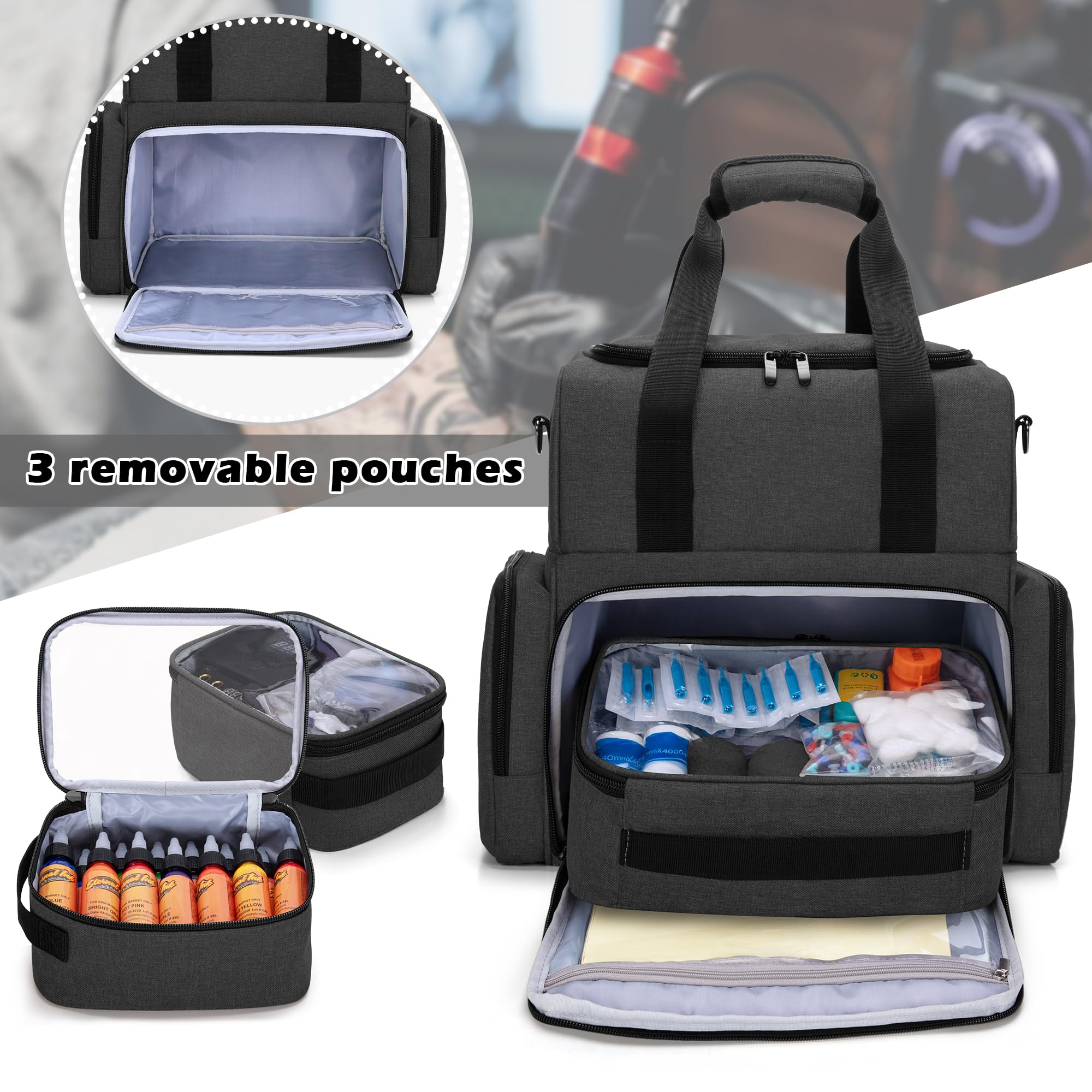 BAFASO bottom compartment with removable pouches keeps inks and guns organized.