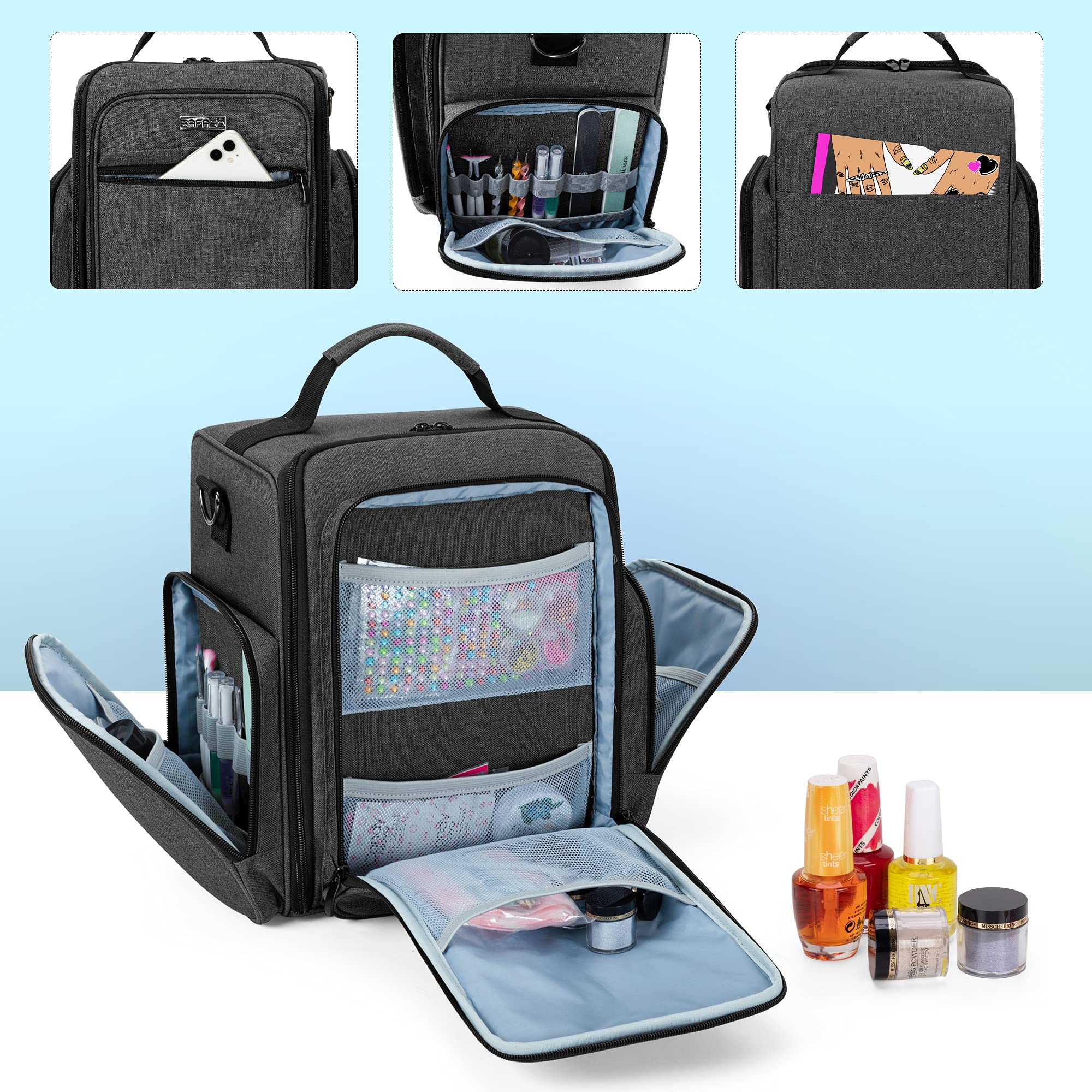 BAFASO nail polish organizer front and back pockets store accessories for quick-access grooming.