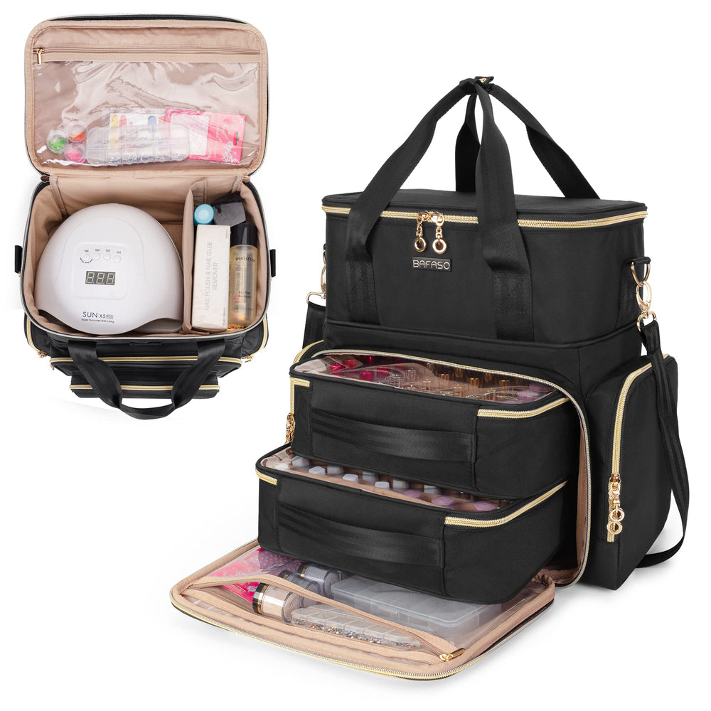 BAFASO nail polish organizer main compartment holds 70 bottles for organized vanity storage.