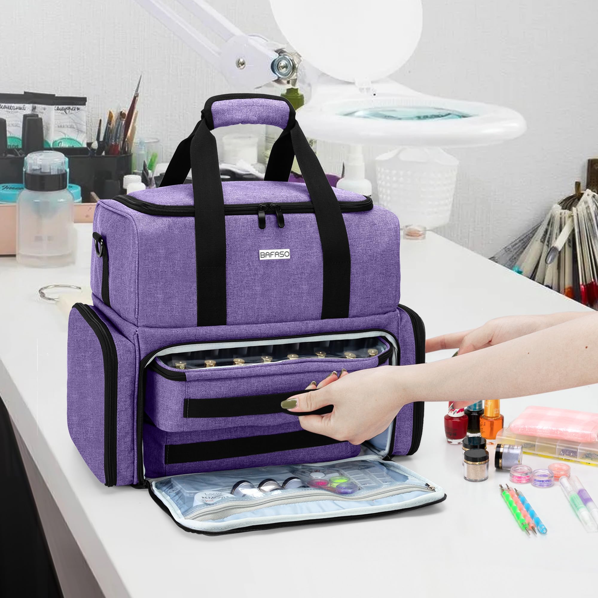BAFASO adjustable strap and handles for portable salon-ready organization.