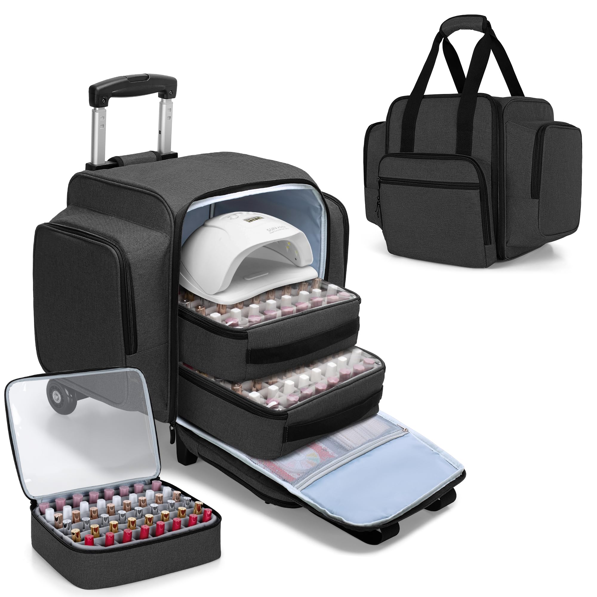 BAFASO rolling nail polish organizer open view shows 144-bottle capacity for on-the-go storage
