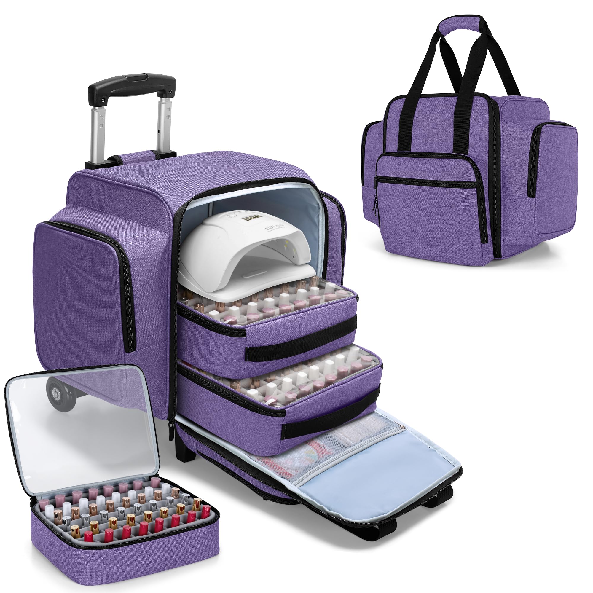 BAFASO rolling nail polish organizer overview with purple exterior, durable nylon, protecting bottles during travel.