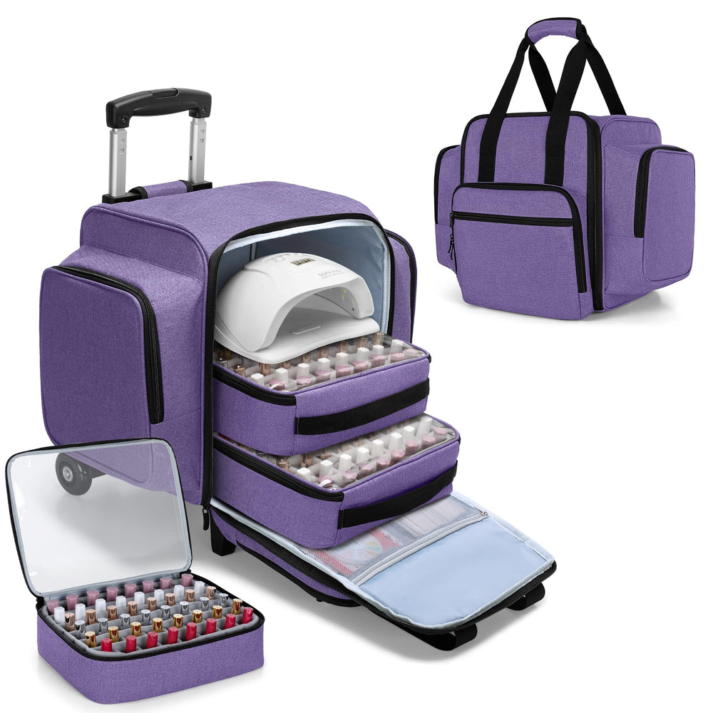 BAFASO rolling nail polish organizer overview with purple exterior, durable nylon, protecting bottles during travel.