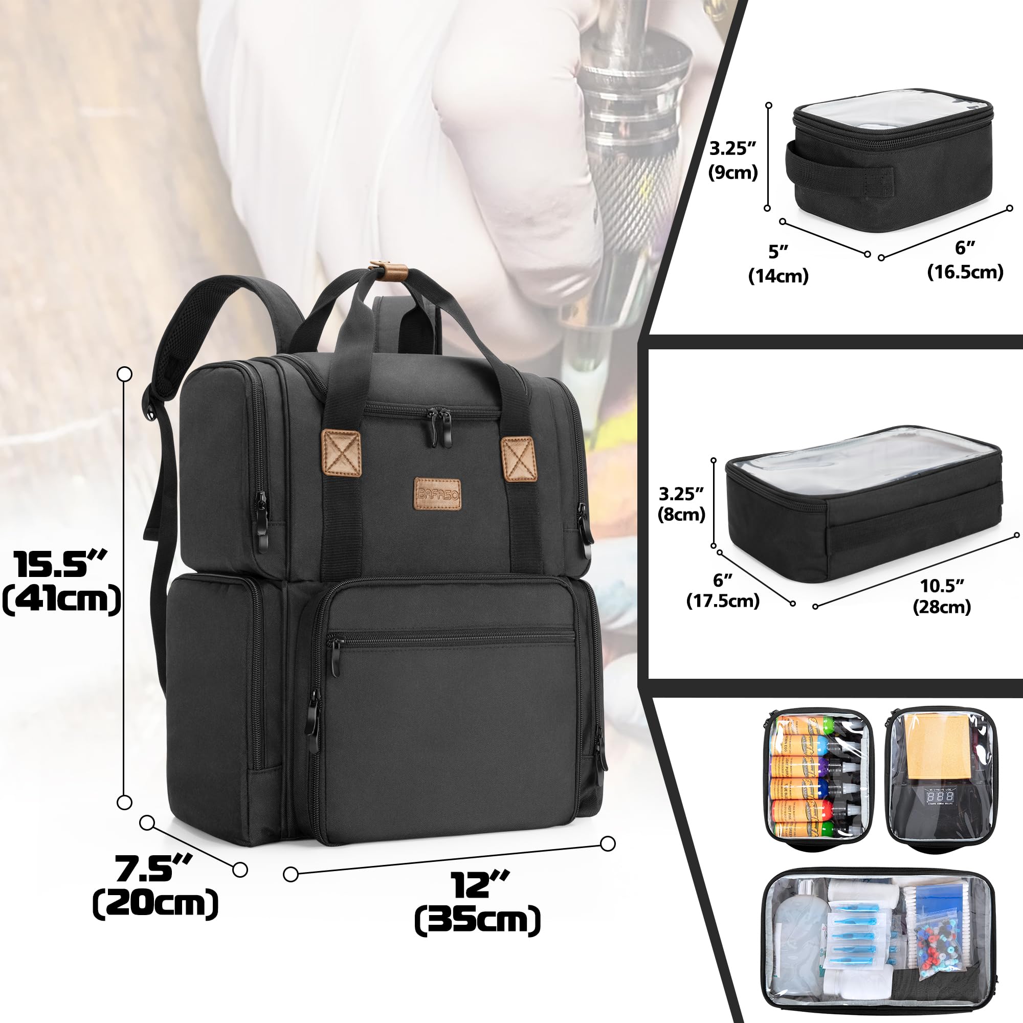 BAFASO tattoo backpack bottom compartments with removable pouches for inks and supplies