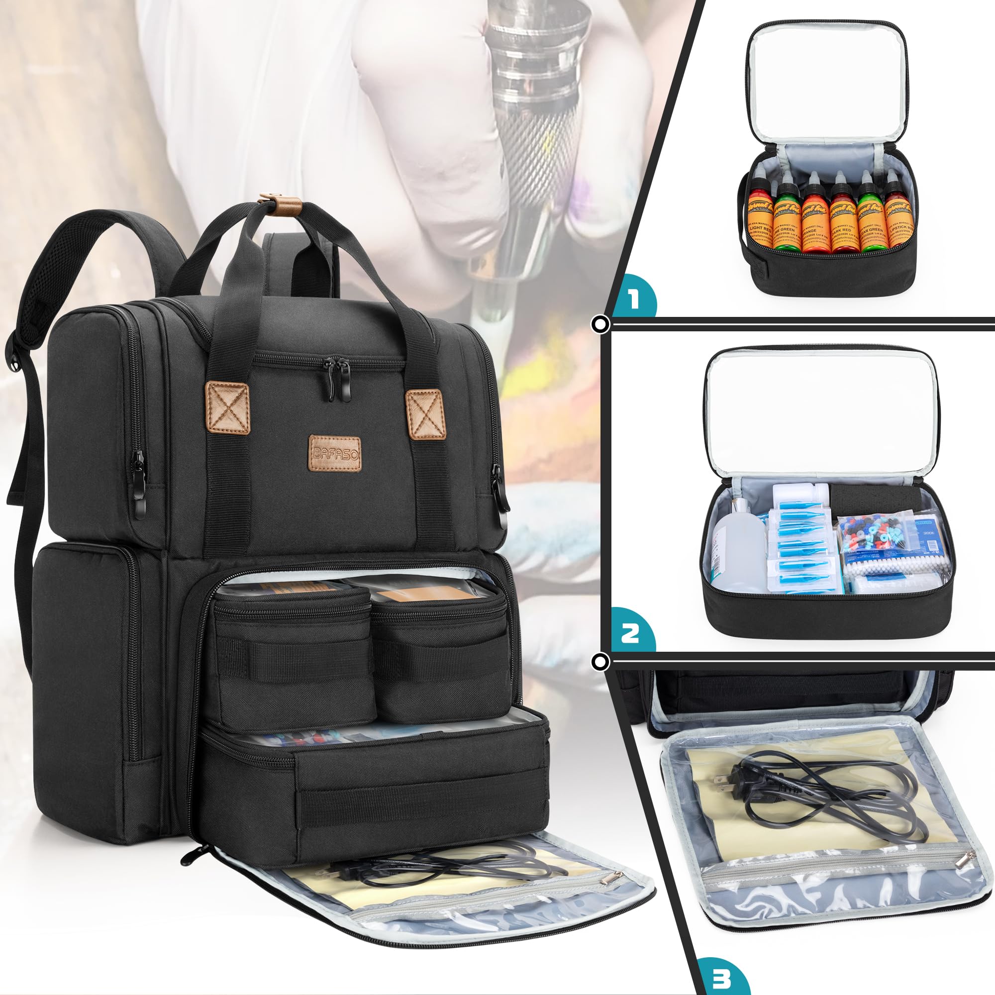 BAFASO tattoo backpack side pockets offer extra space for needles and tools