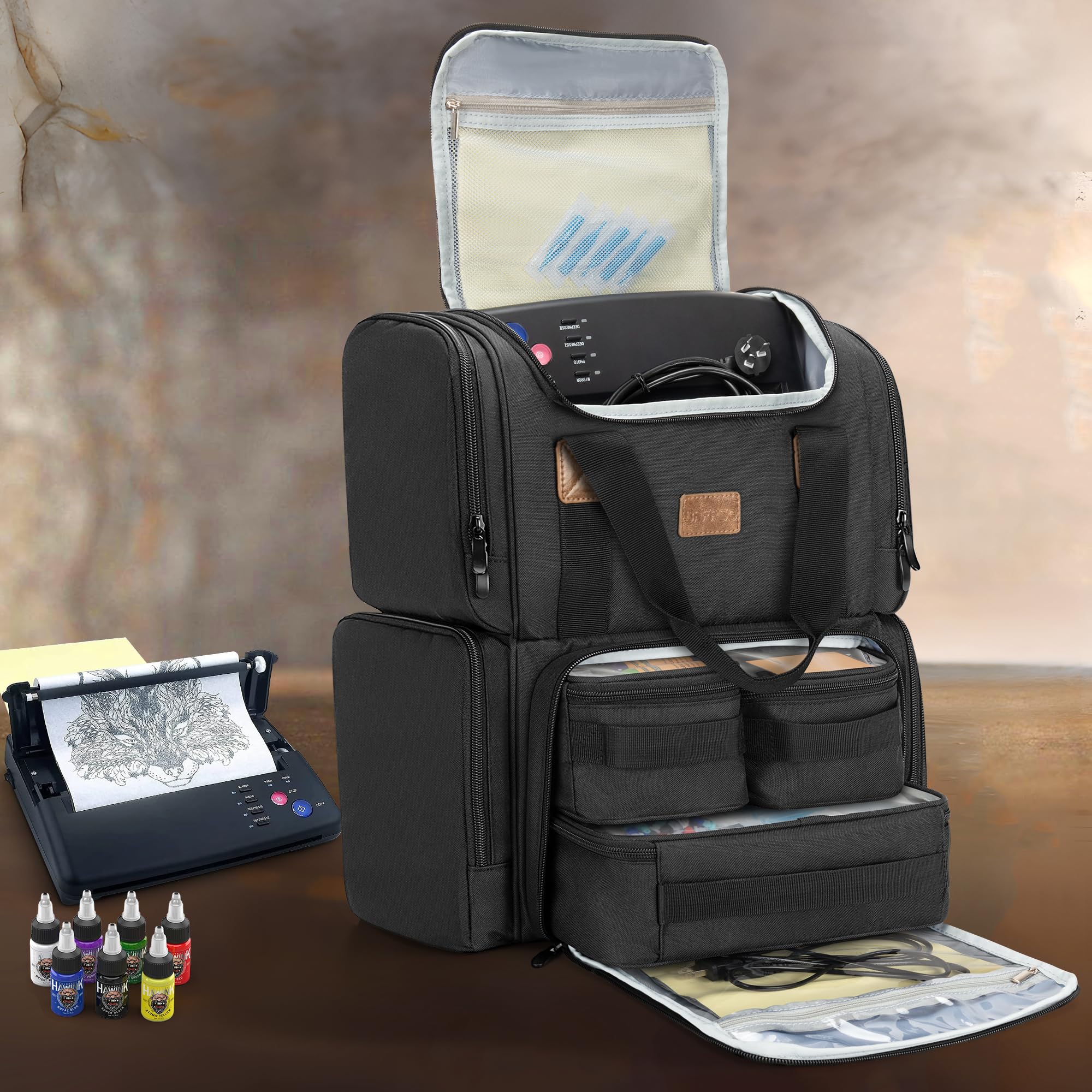 BAFASO tattoo backpack top compartment fits stencil printer upright for quick access