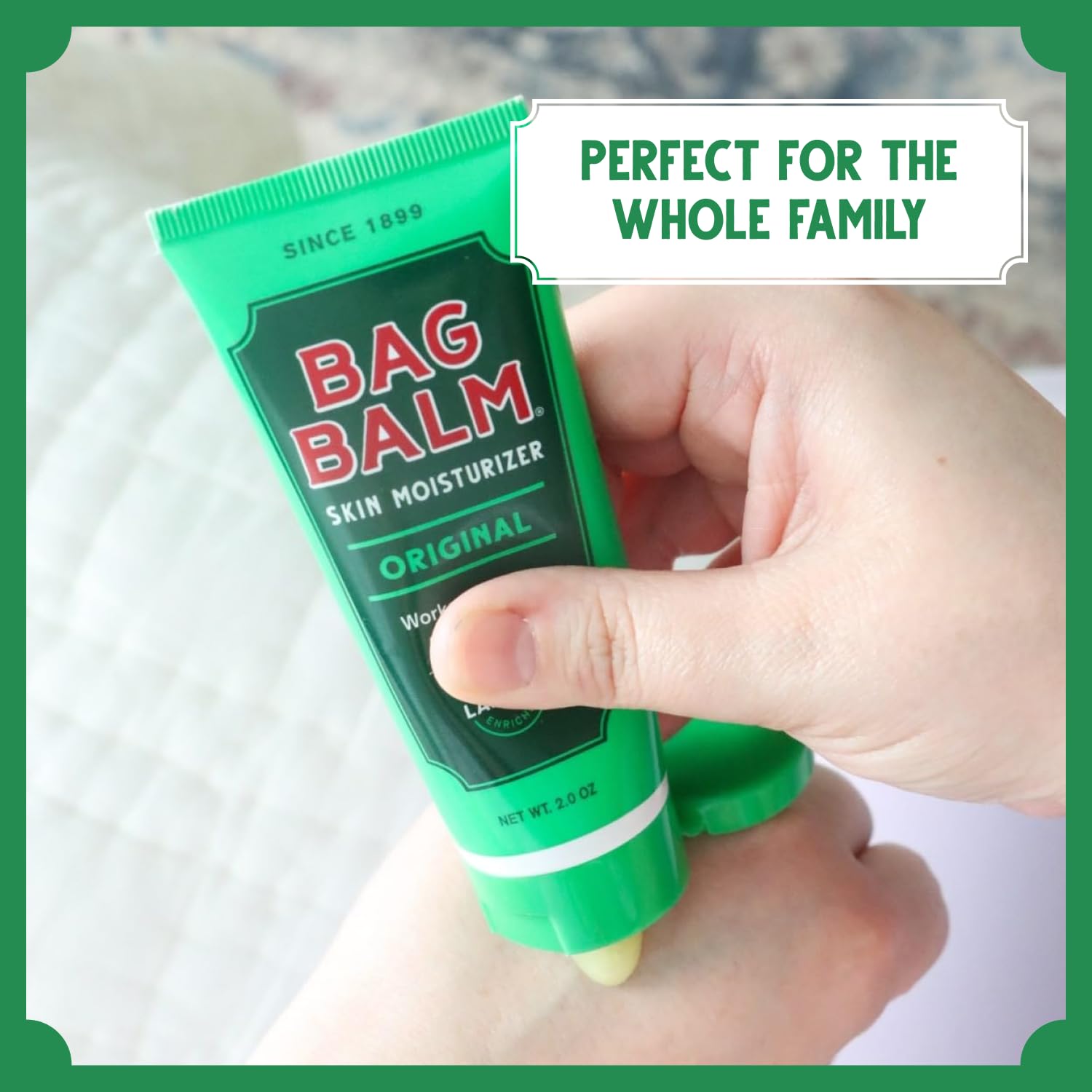 Packaging and labeling of Bag Balm emphasizes fragrance-free formula.