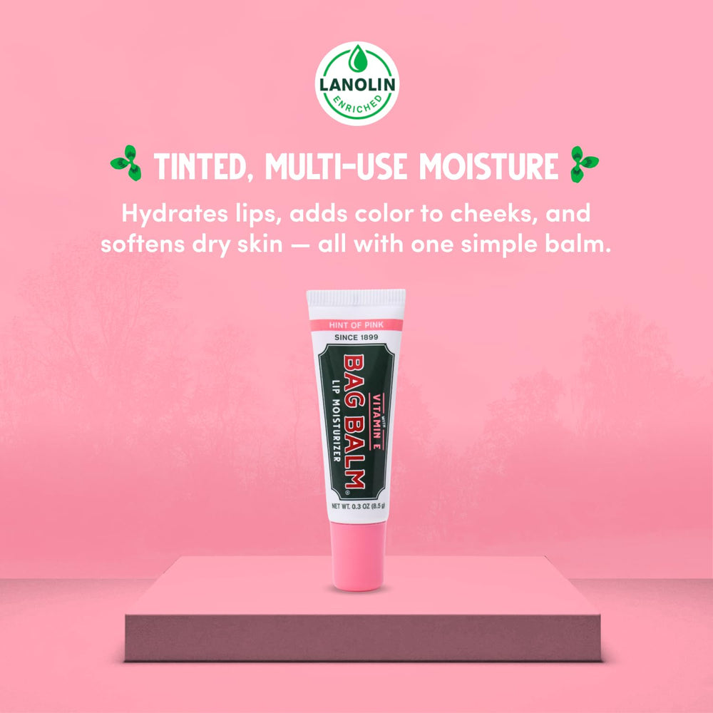 Bag Balm lip balm closeup shows Vitamin E hydrating formula.
