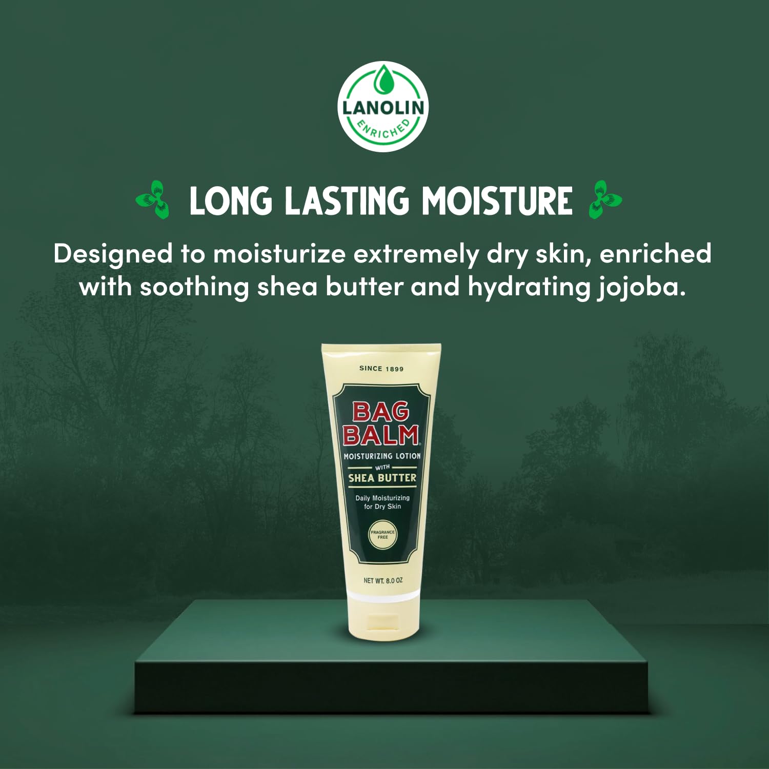 Bag Balm Moistuzing Lotion shea butter and jojoba ingredients spotlight nourishing care.