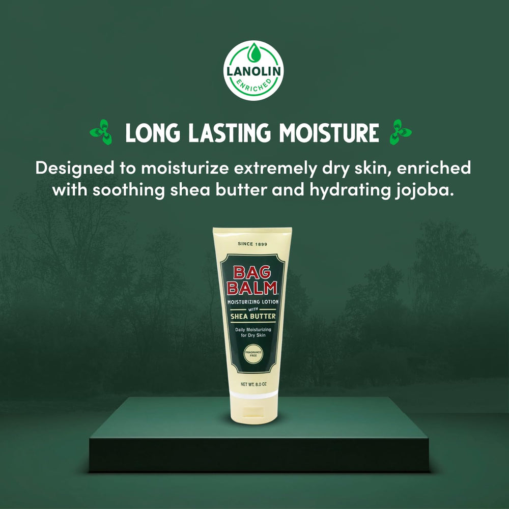 Bag Balm Moistuzing Lotion shea butter and jojoba ingredients spotlight nourishing care.