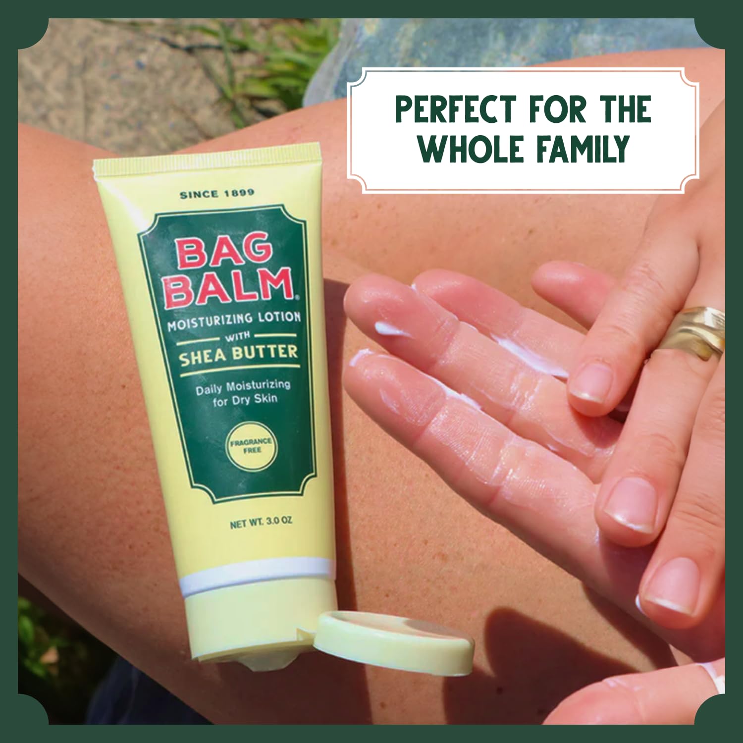 Bag Balm Moistuzing Lotion tub on counter ready for head-to-toe use.