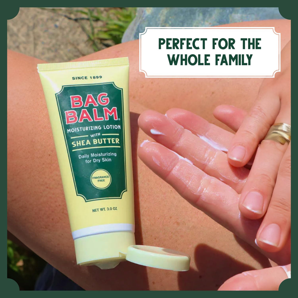 Bag Balm Moistuzing Lotion tub on counter ready for head-to-toe use.