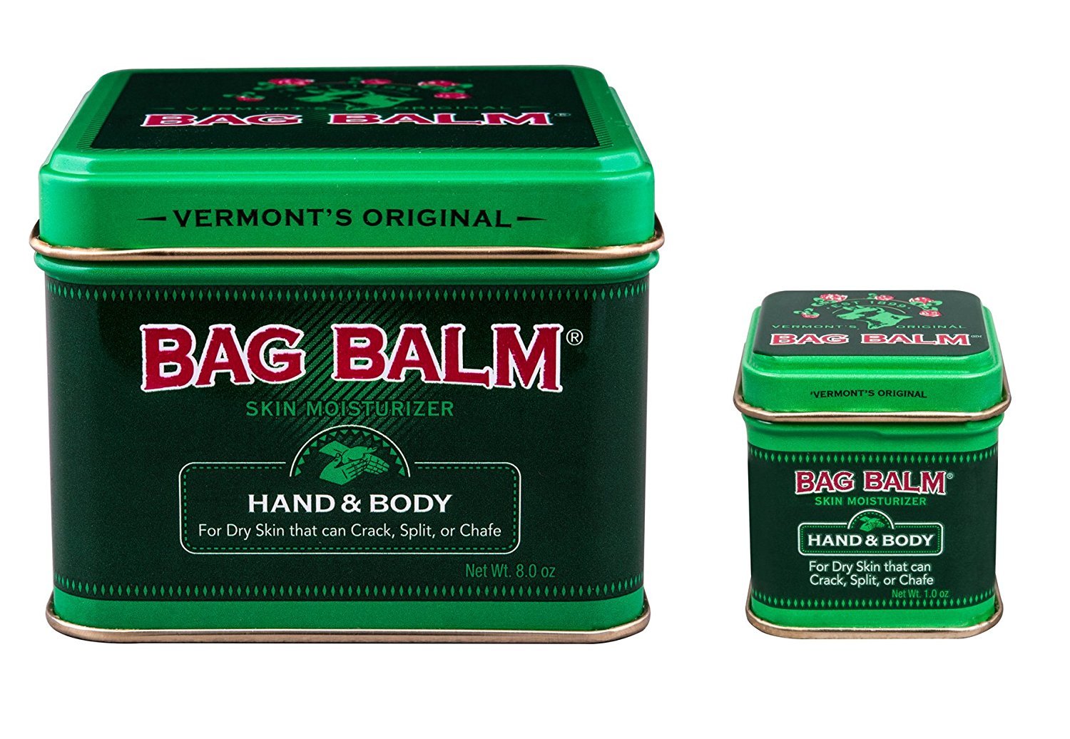 Bag Balm two-pack 8oz and 1oz bottles for versatile skin care and outdoor protection.