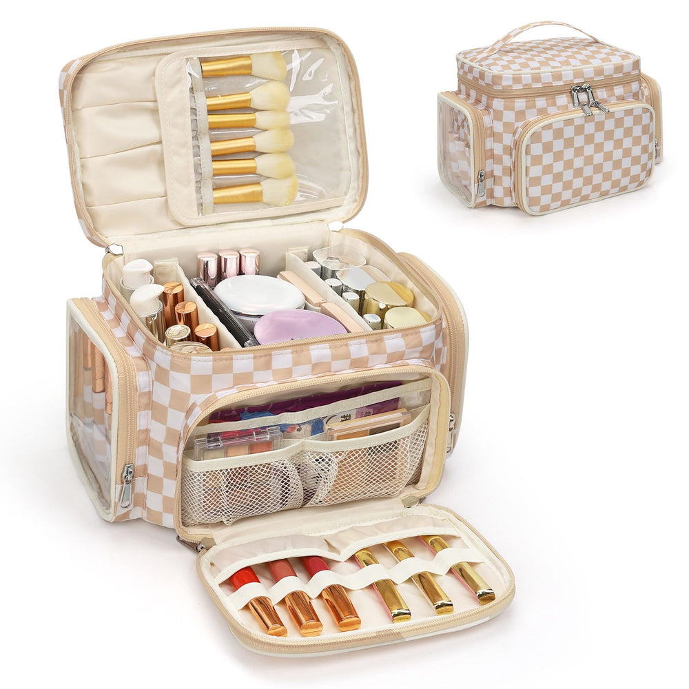 Bagmoly large checkerboard makeup bag front view, showcasing spacious vertical storage for bottles during travel.