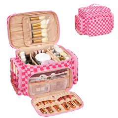 Bagmoly large checkered makeup bag front view for organized cosmetics on the go.