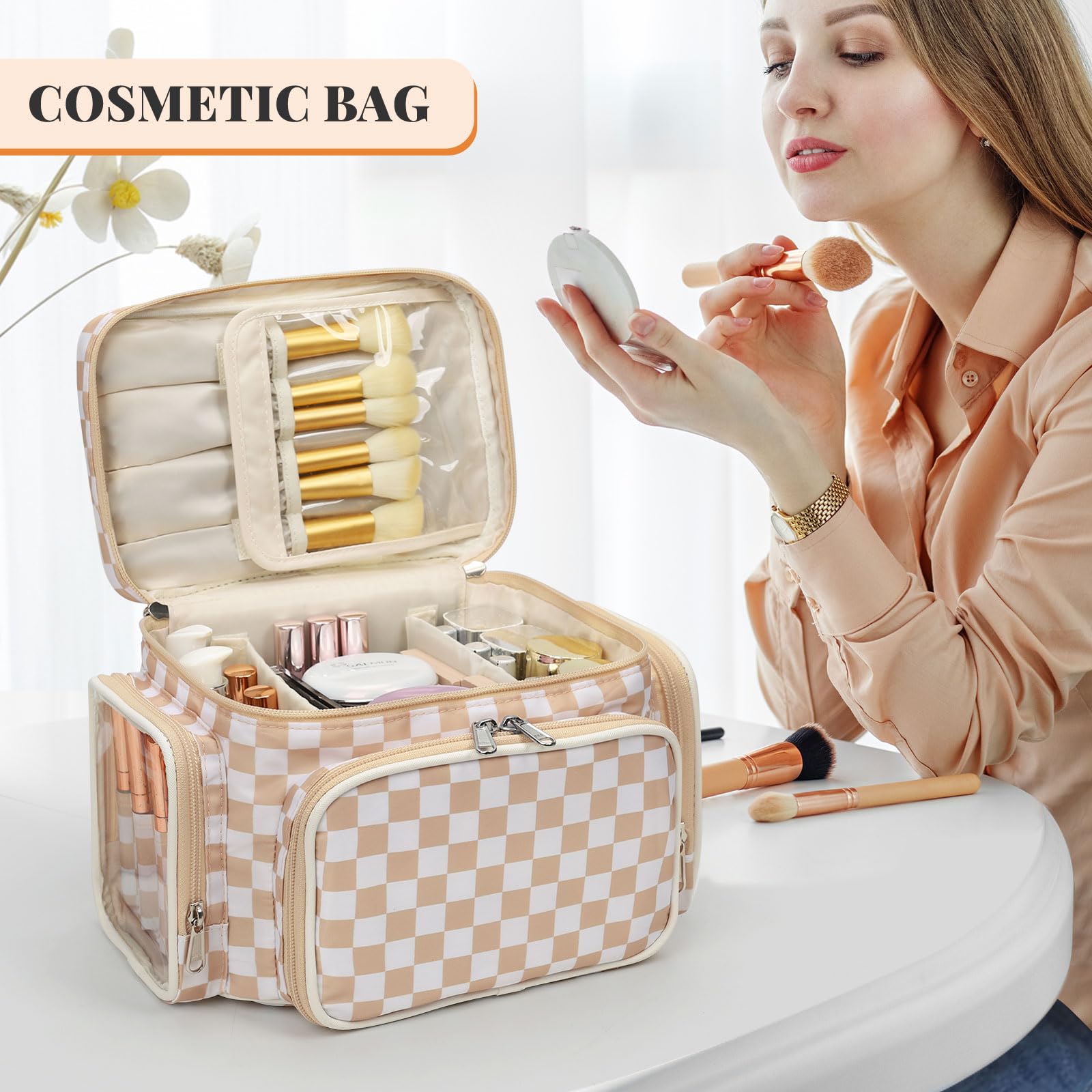 Bagmoly large front pocket holds lipstick pouches and mesh pockets neatly.