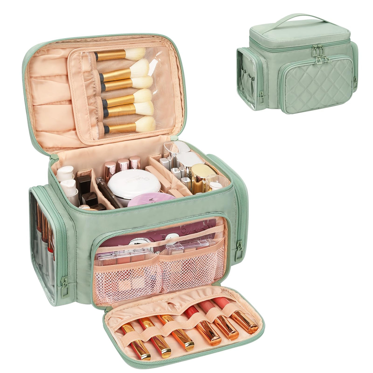Bagmoly large makeup bag front view shows spacious layout for tall bottles and daily essentials.