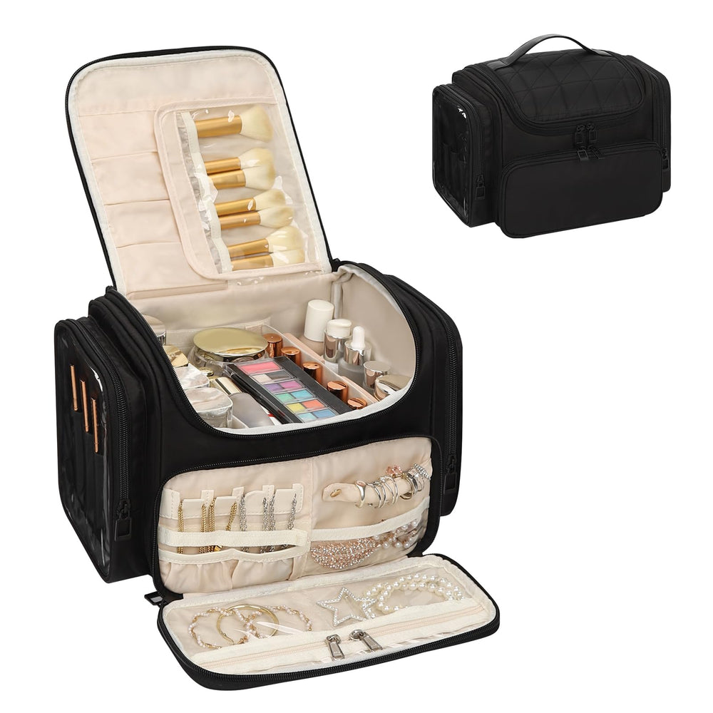 Bagmoly large makeup bag with jewelry front pocket keeps rings and earrings organized while traveling.