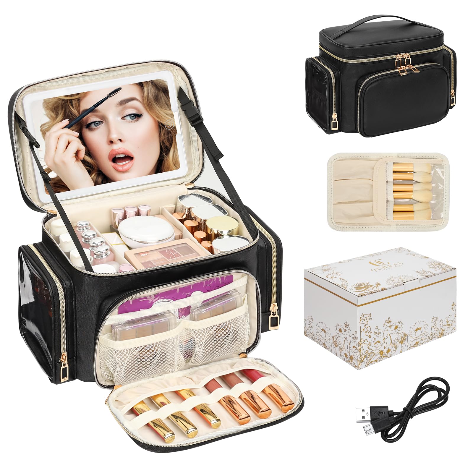 Bagmoly large makeup bag with LED mirror open showing organized cosmetics on the go