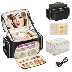 Bagmoly large makeup bag with LED mirror open showing organized cosmetics on the go