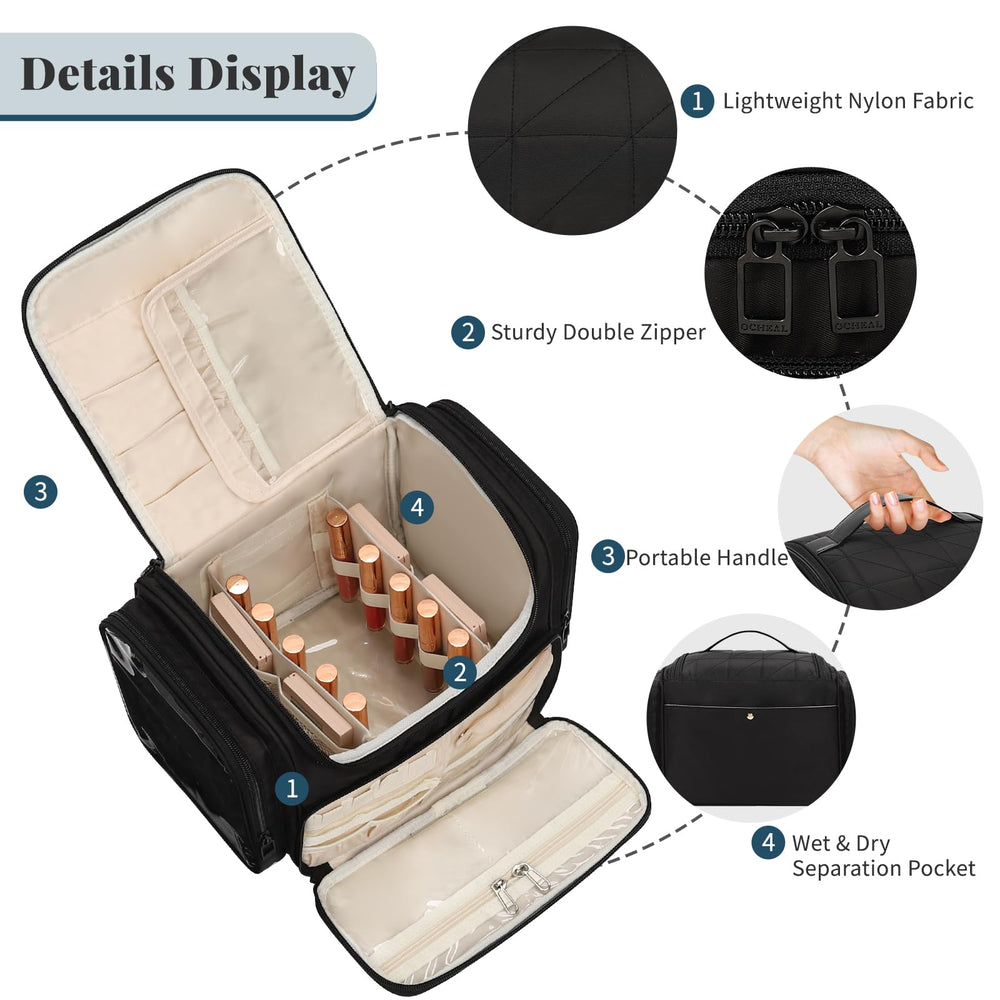 Bagmoly XL black bag shows back pocket with dry-wet separation for toiletries and cosmetics.