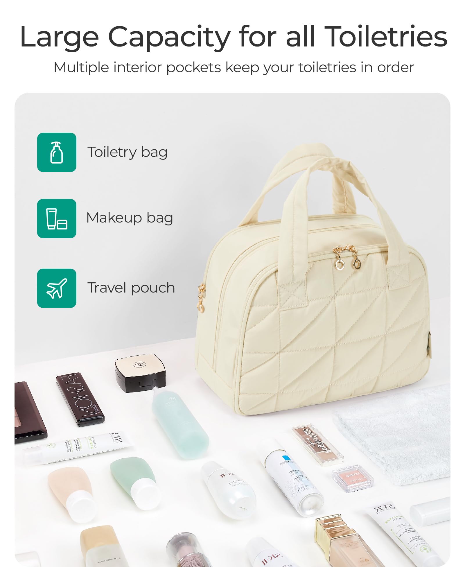 BAGSMART back pocket opens fully for quick makeup access.