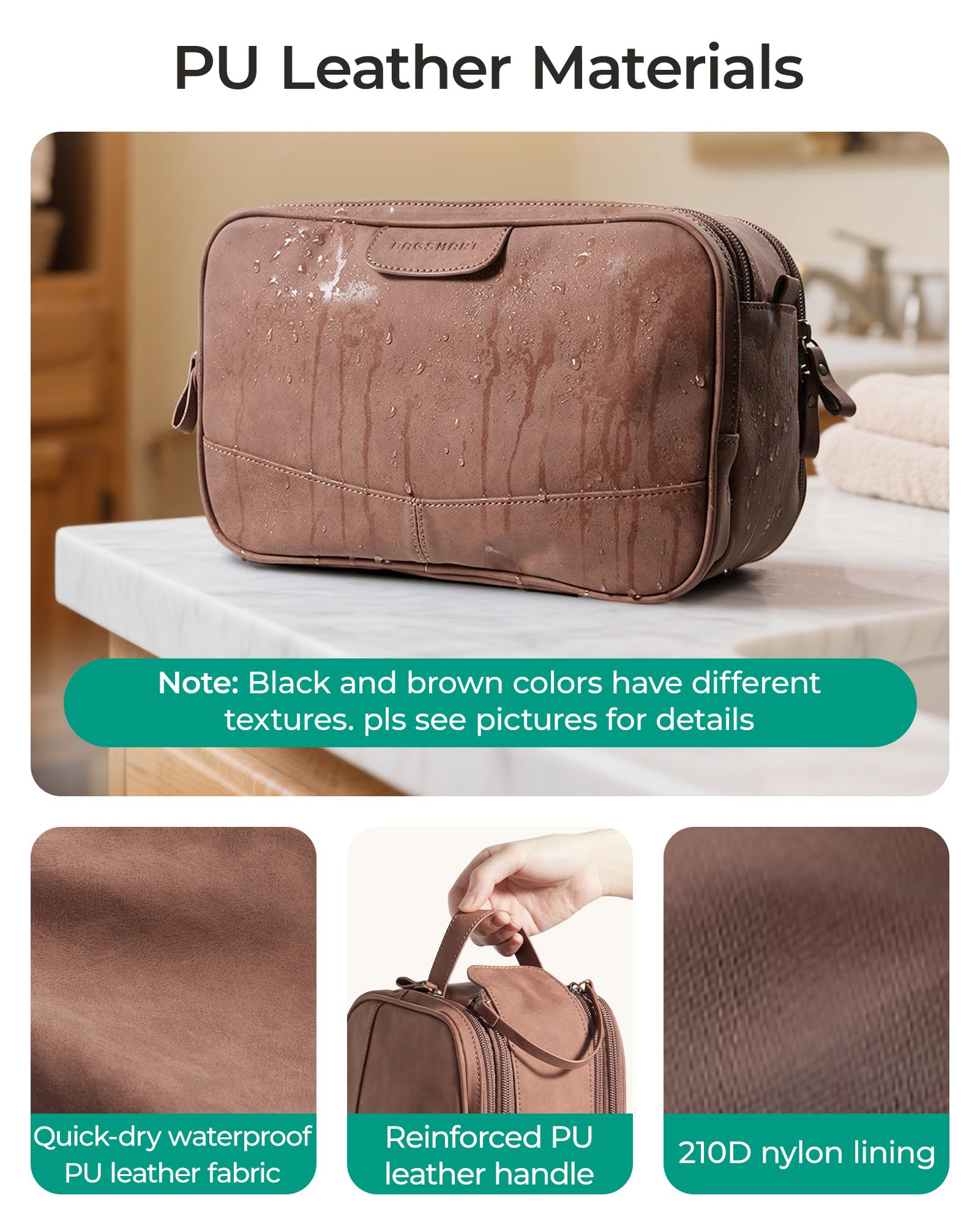 BAGSMART bolsa de aseo para hombre en cuero PU marrón mate, tacto suave