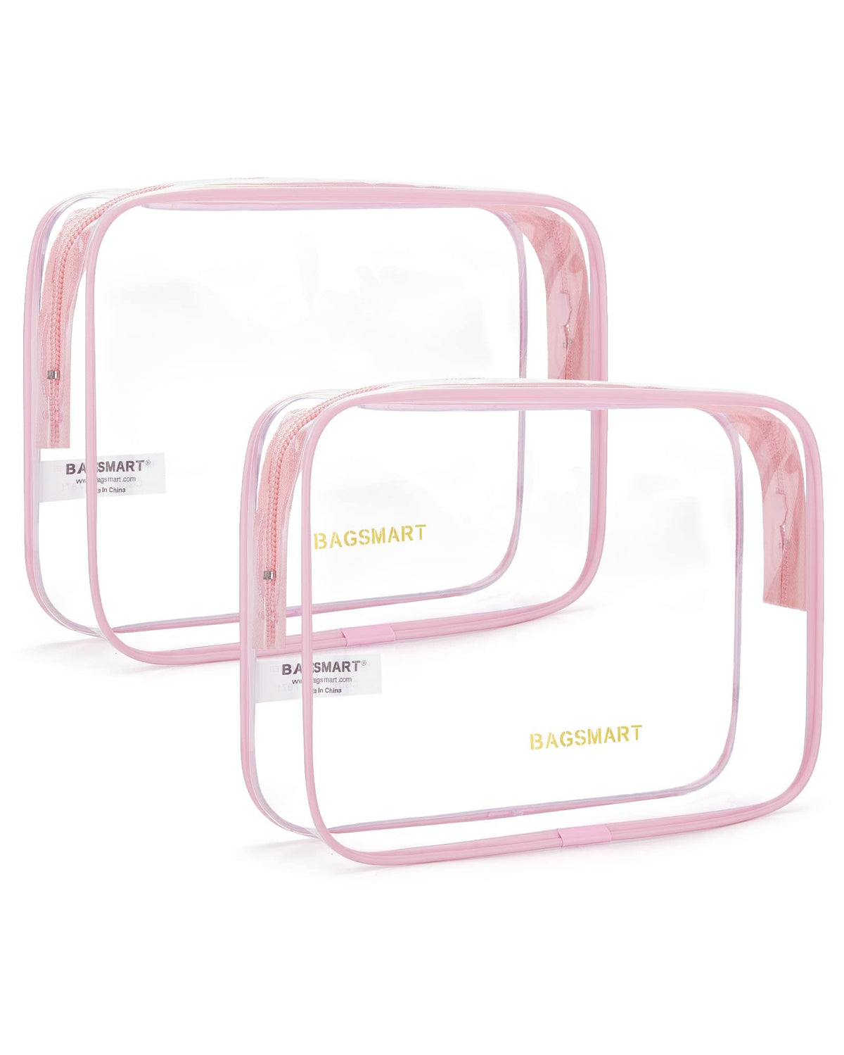 BAGSMART Clear Toiletry Bag 2-pack pink front view for easy-access cosmetics storage