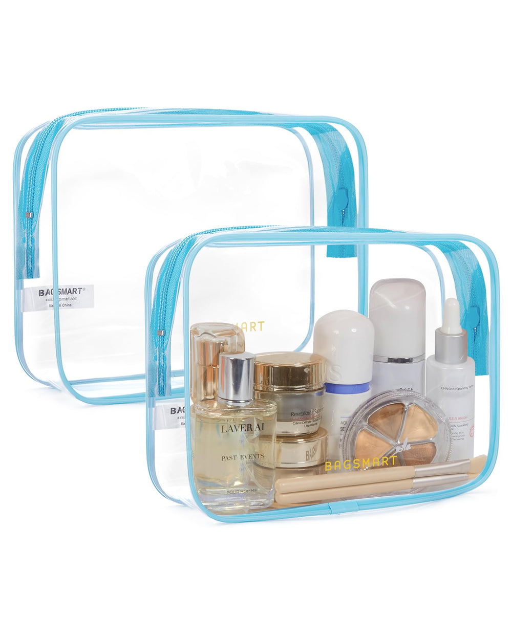 BAGSMART clear toiletry bag blue 2-pack front view for quick security checks