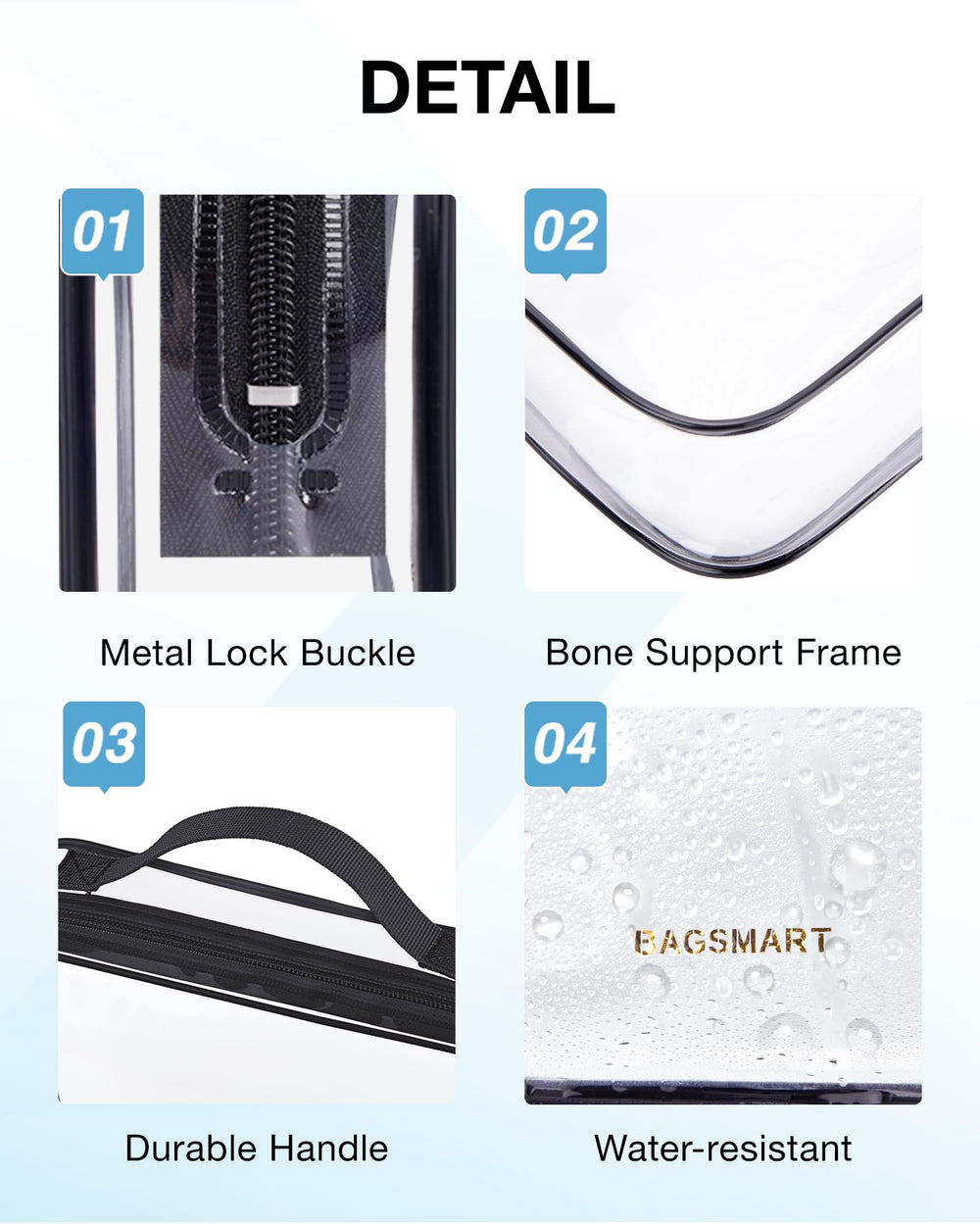BAGSMART Clear Toiletry Bag sturdy zipper for smooth opening and quick access