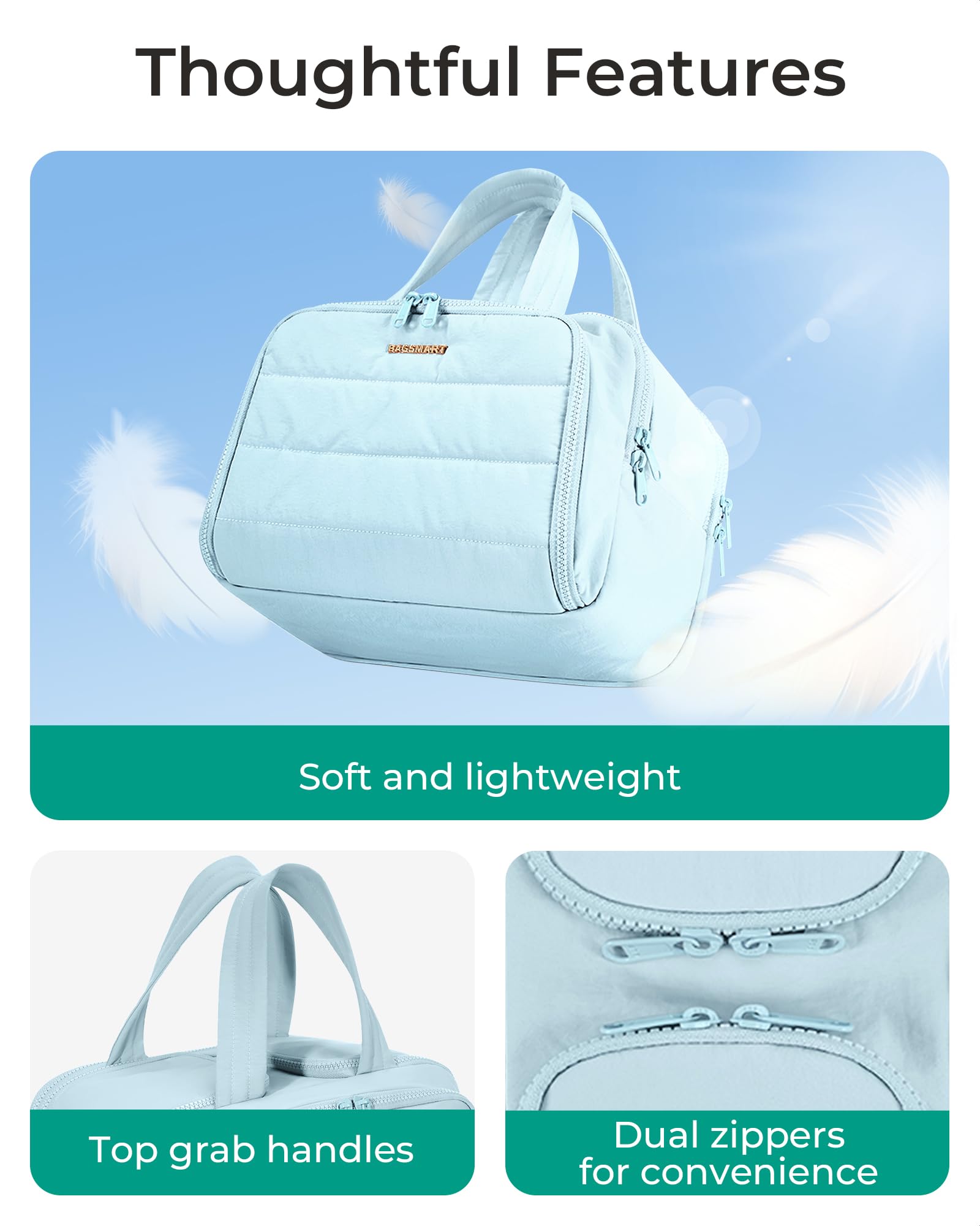 BAGSMART Crush travel toiletry bag wide opening keeps cosmetics neatly organized.