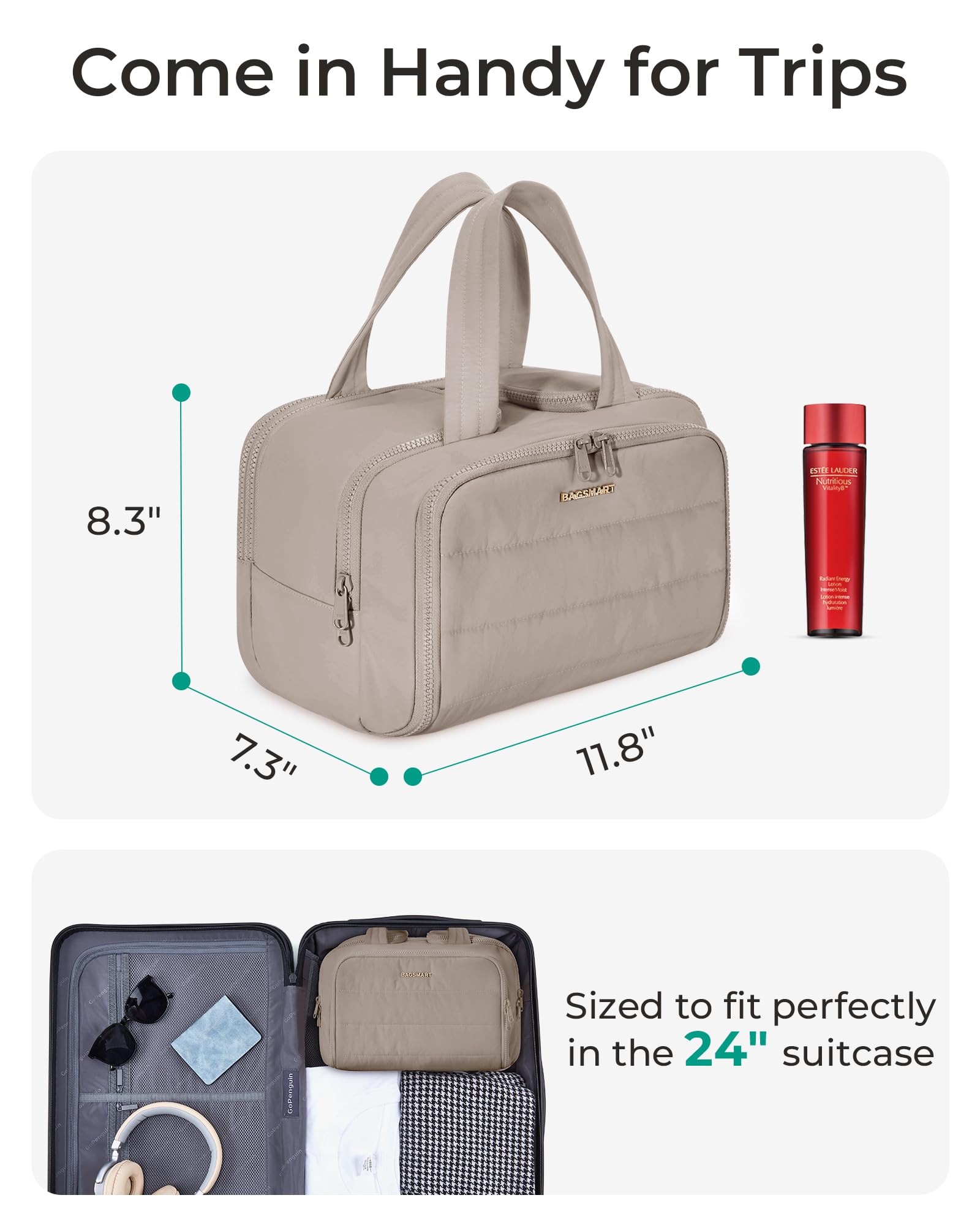 BAGSMART crush toiletry bag for women with soft Taslan puffer texture and style