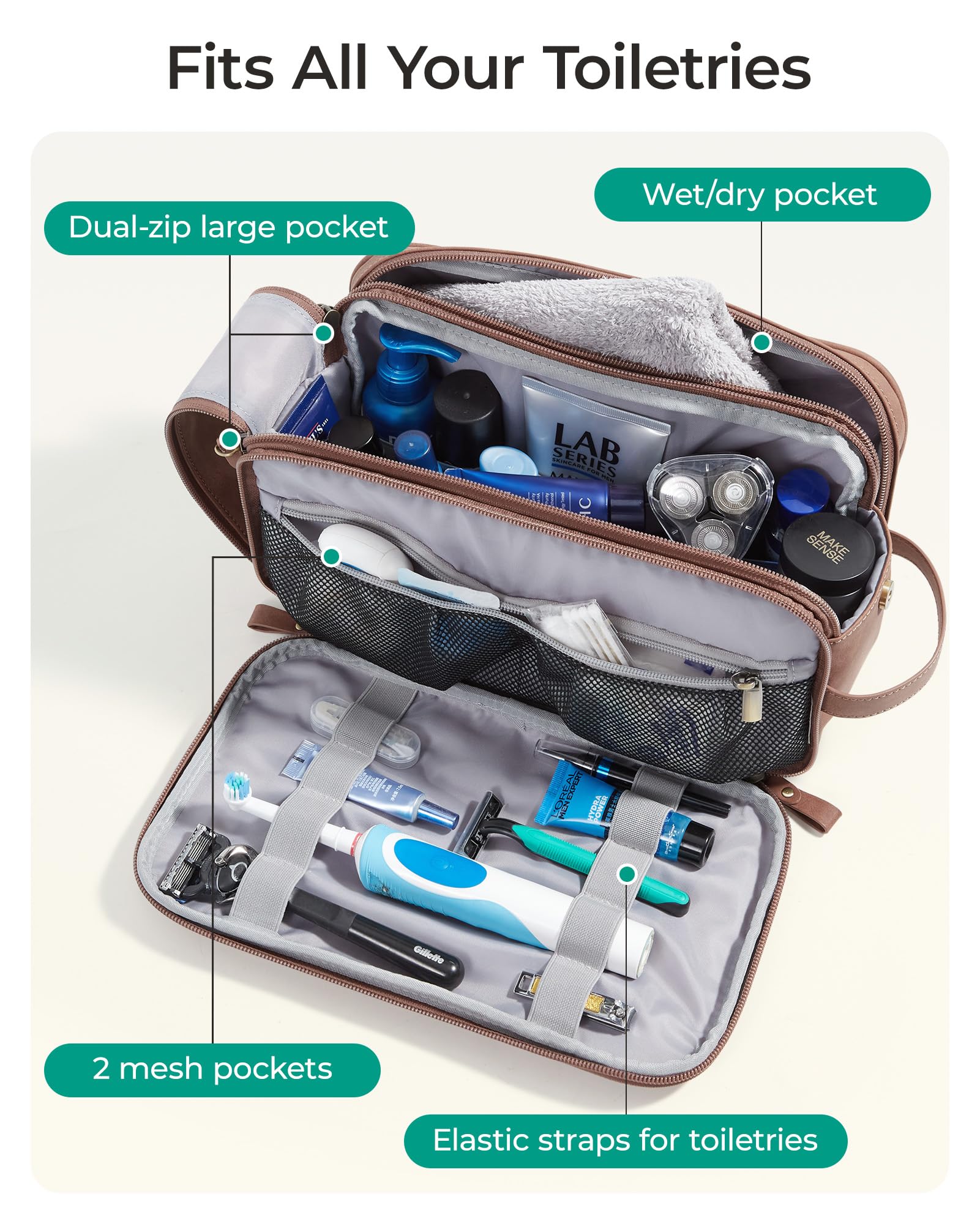 BAGSMART Dopp kit features elastic bands to keep items secure and orderly.