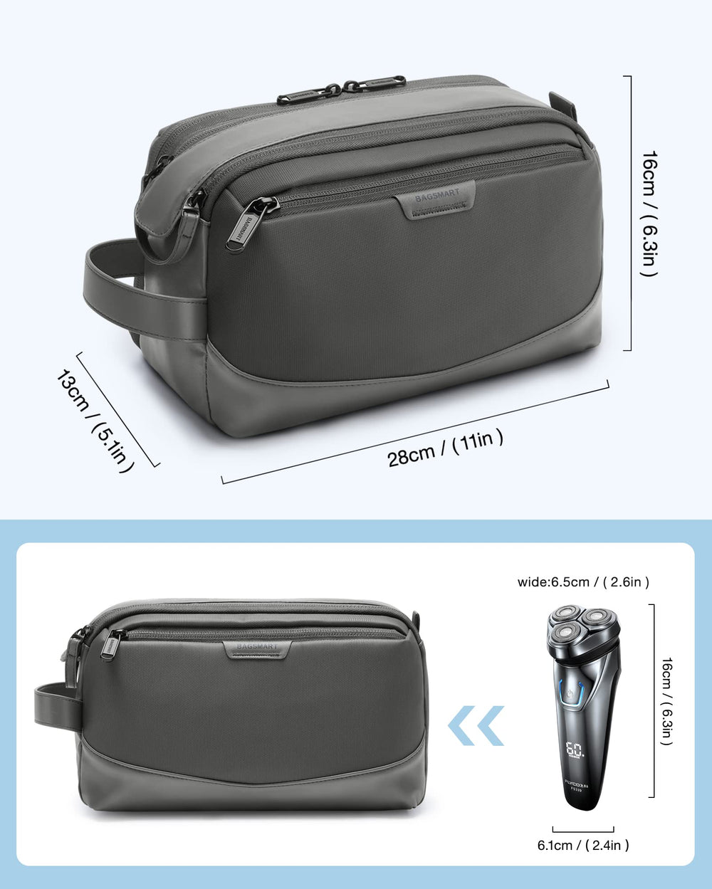 BAGSMART dopp kit grey interior organization with bottles held upright by elastic straps.