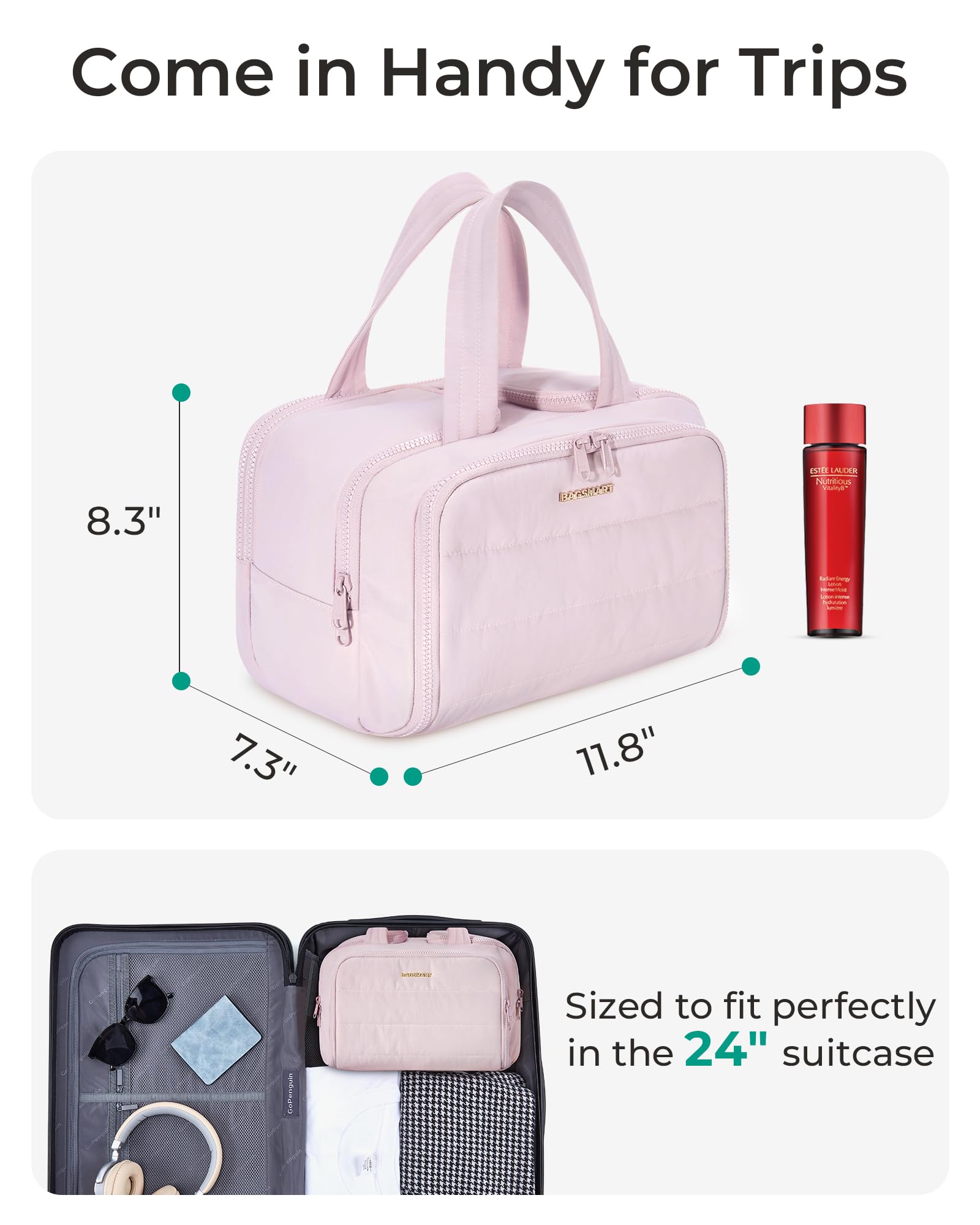 BAGSMART dry-and-wet separation interior showcased with organized compartments for toiletries.