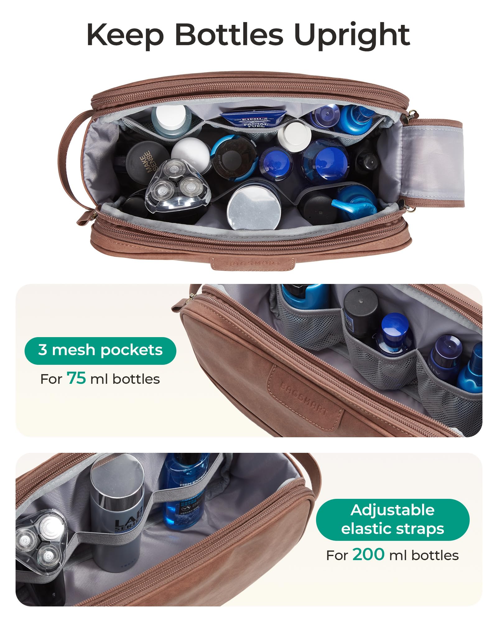 BAGSMART estuche de aseo con mango de cuero PU para transporte cómodo