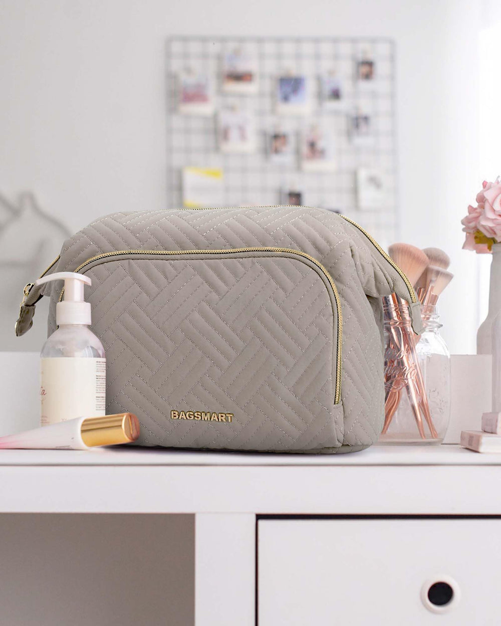 BAGSMART gray tranquil makeup bag shown as a gift idea for women