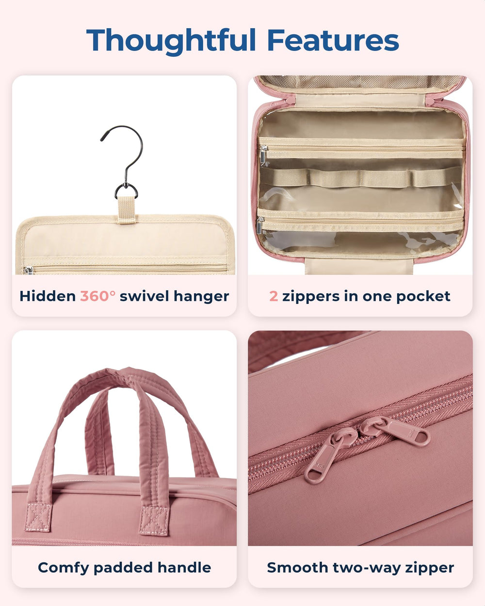 BAGSMART Large-open view reveals four compartments for toiletries and cosmetics.