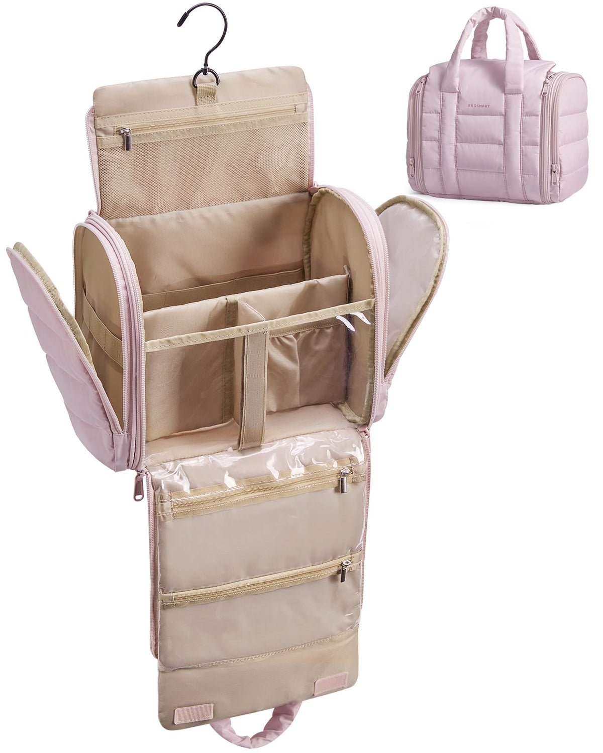 BAGSMART hanging toiletry bag with removable partition for organized travel storage.
