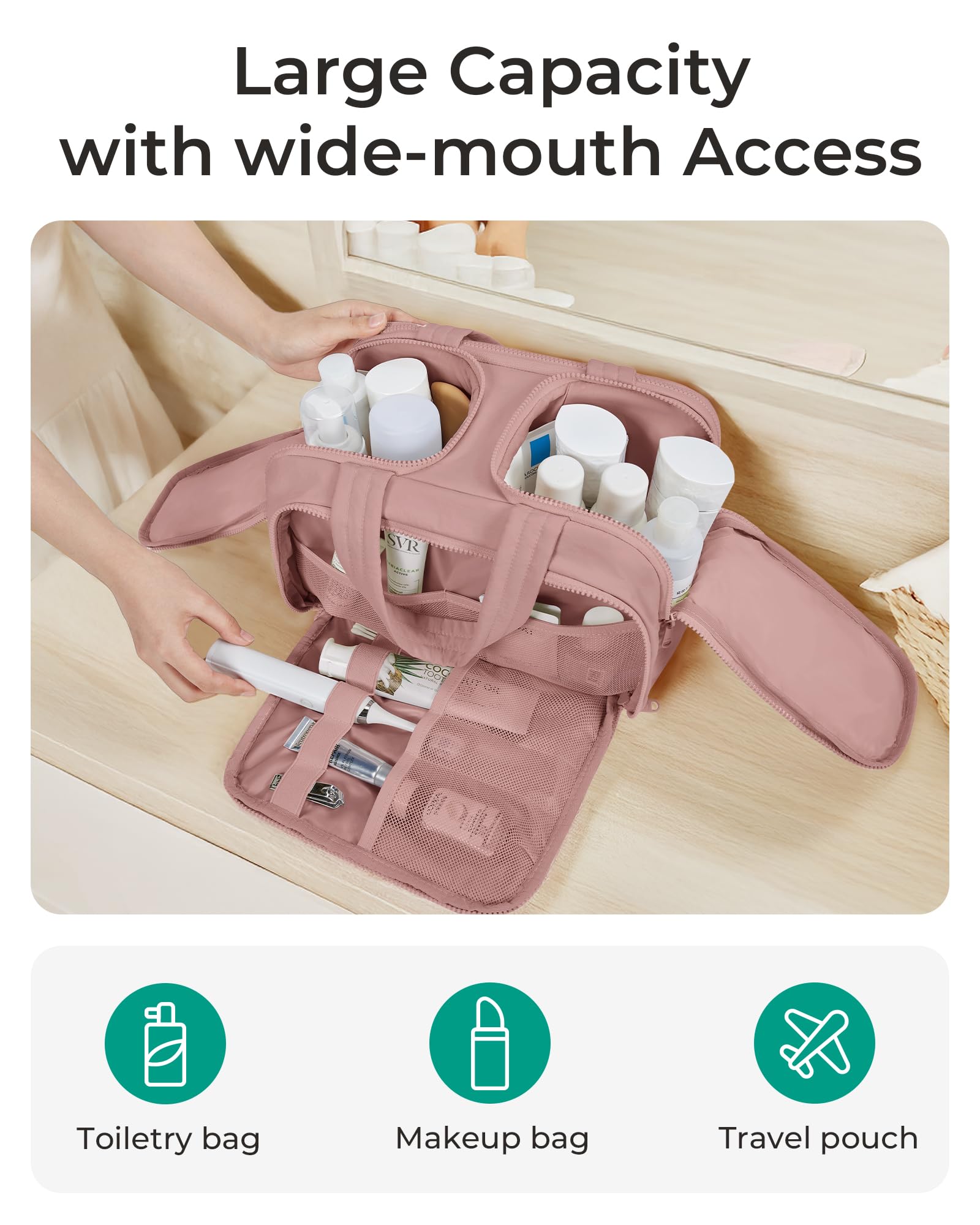 BAGSMART large-capacity compartments keep cosmetics organized on trips.