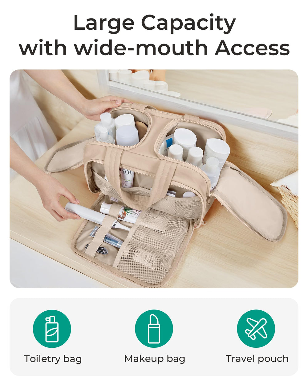BAGSMART large-capacity khaki travel bag fits cosmetics, toiletries, and grooming essentials.