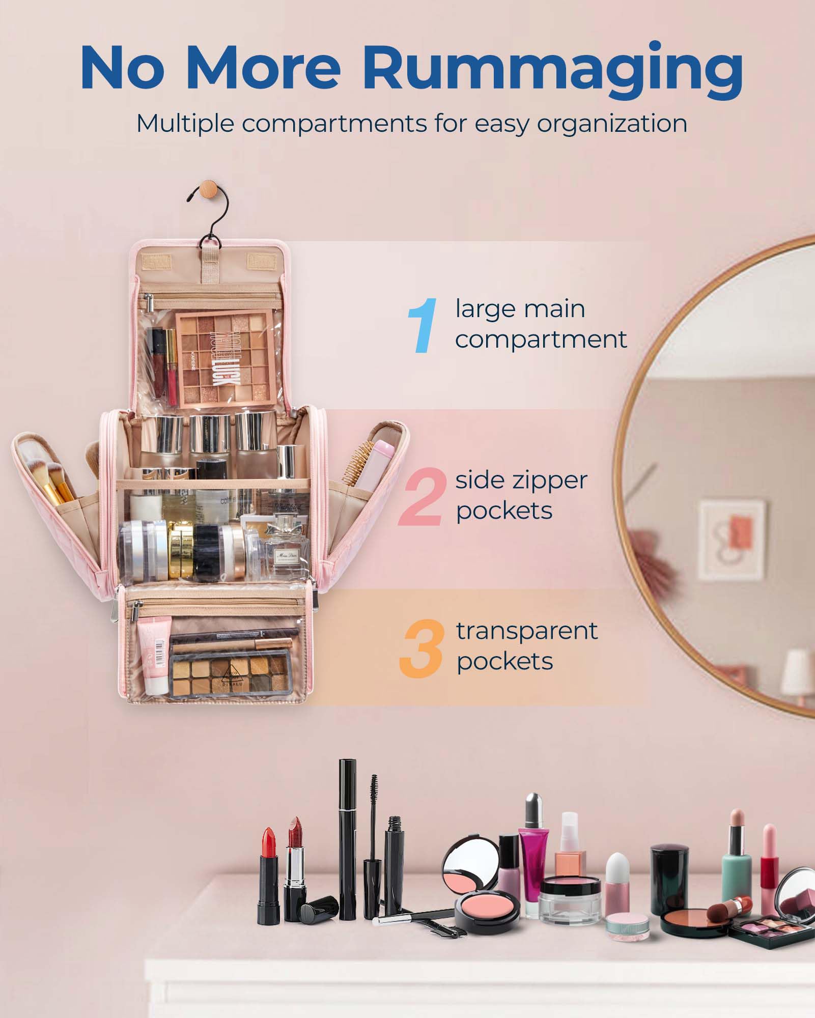 BAGSMART large-capacity makeup bag opened to reveal spacious main compartment for cosmetics