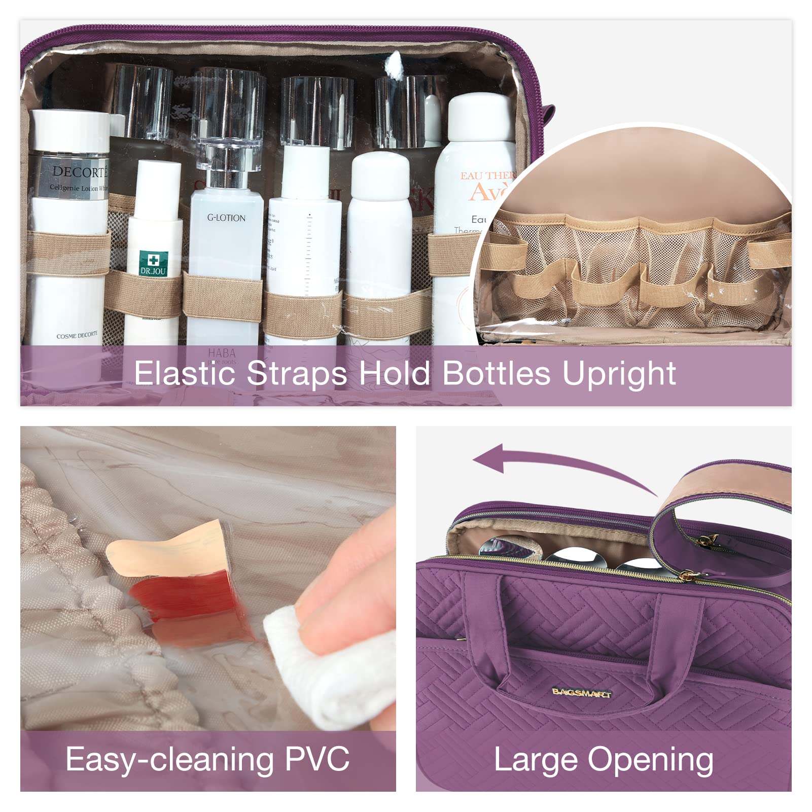 BAGSMART purple inner PVC pocket helps separate wet and dry items after showers