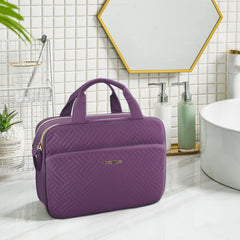 BAGSMART purple toiletry bag open compartment shows upright bottles for easy access