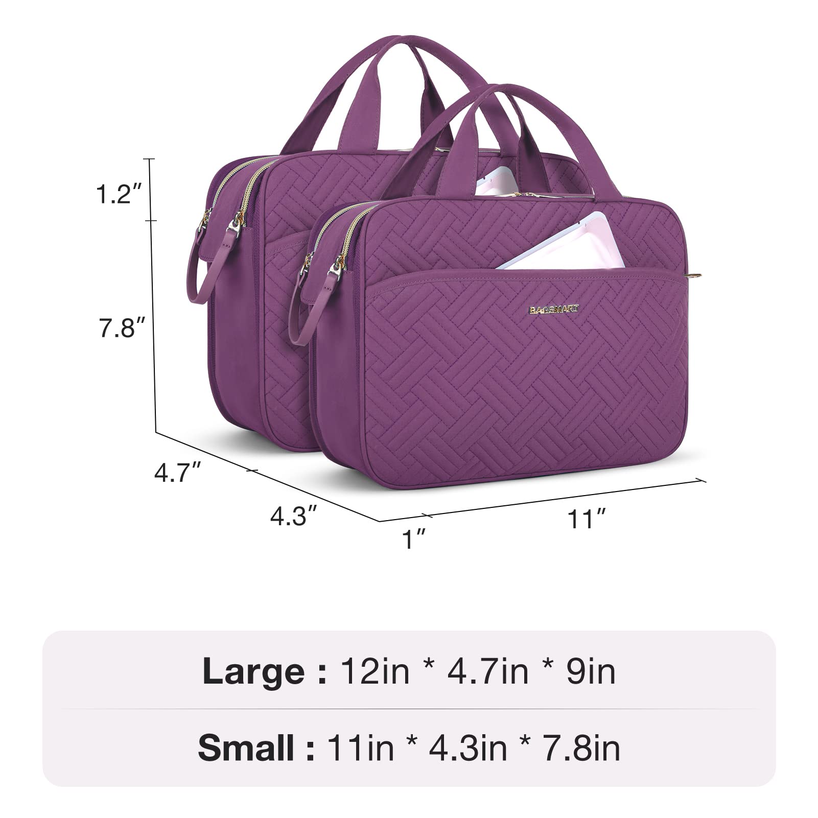 BAGSMART purple bag side pocket detail supports makeup brushes and palettes for quick reach