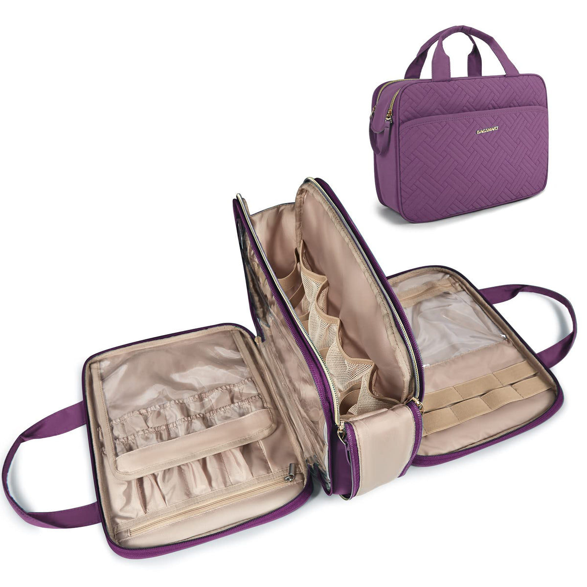 BAGSMART large toiletry bag purple top view helps keep cosmetics organized on the go